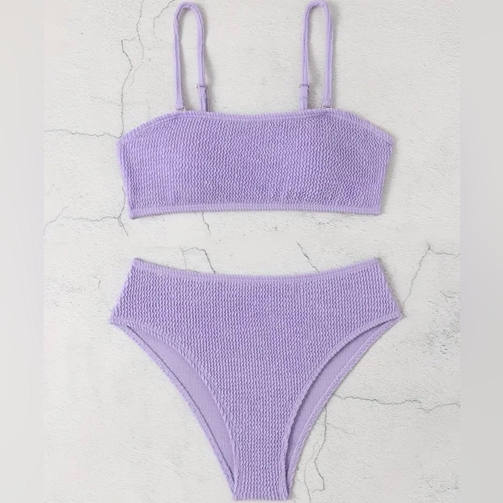 Purple Rib Knit Bandeau High Waist Bikini Set